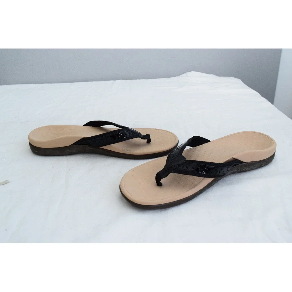 Vionic Casandra Flip Flop 11 Black Patent Leather Orthotic Sandal Womens TVW5542